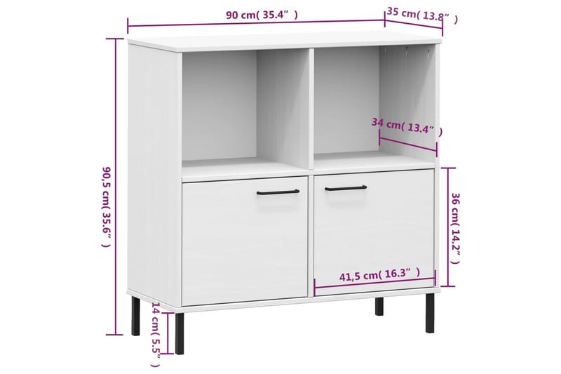 beBasic Bokhylla med metallben OSLO vit 90x35x90,5 cm massivt trä - Bokhylla