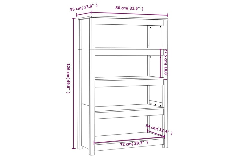 beBasic Bokhylla vit 80x35x126 cm massiv furu - Bokhylla