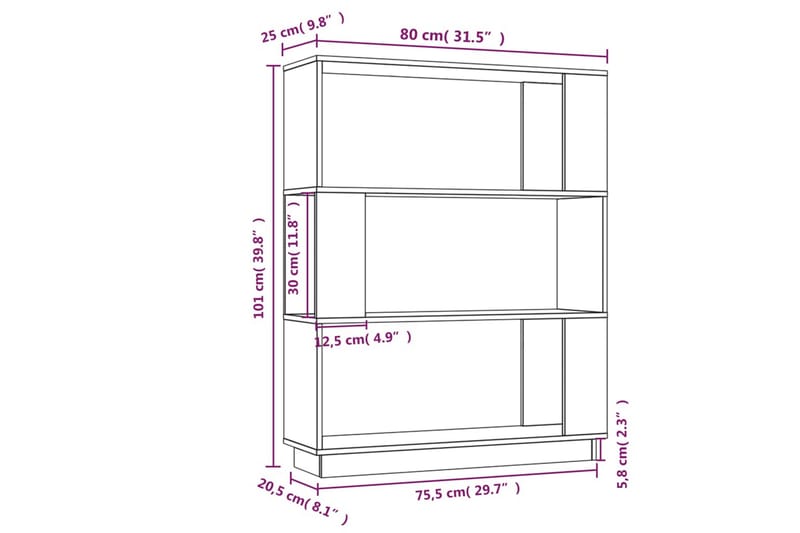 beBasic Bokhylla/rumsavdelare vit 80x25x101 cm massiv furu - Förvaring - Hyllor - Bokhylla
