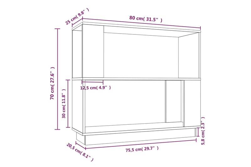 beBasic Bokhylla/rumsavdelare vit 80x25x70 cm massiv furu - Förvaring - Hyllor - Bokhylla