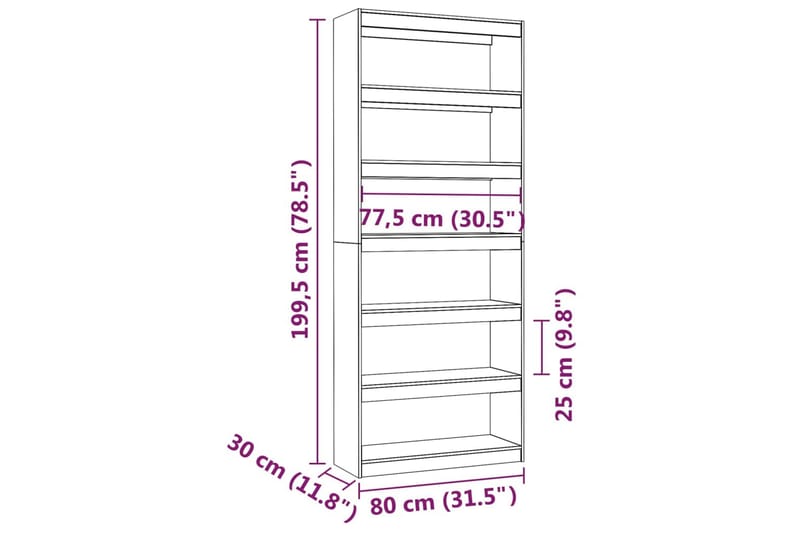 beBasic Bokhylla/rumsavdelare vit 80x30x199,5 cm massiv furu - Bokhylla