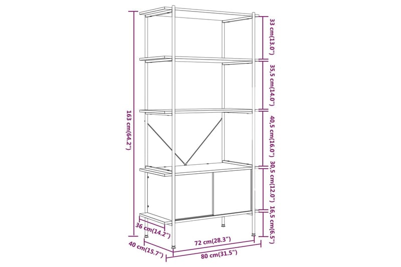 beBasic Hyllenhet 5 nivåer med skåp 80x40x163 cm stål konstruerat trä - Förvaring - Hyllor - Bokhylla