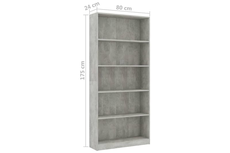 Bokhylla 5 hyllor betonggrå 80x24x175 cm spånskiva - Grå - Förvaring - Hyllor - Bokhylla