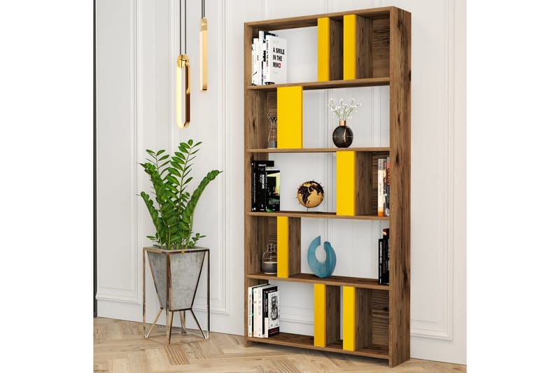 Timiza Bokhylla 90x20 cm 5 Hyllor - Mörkbrun/Gul - Förvaring - Hyllor - Bokhylla