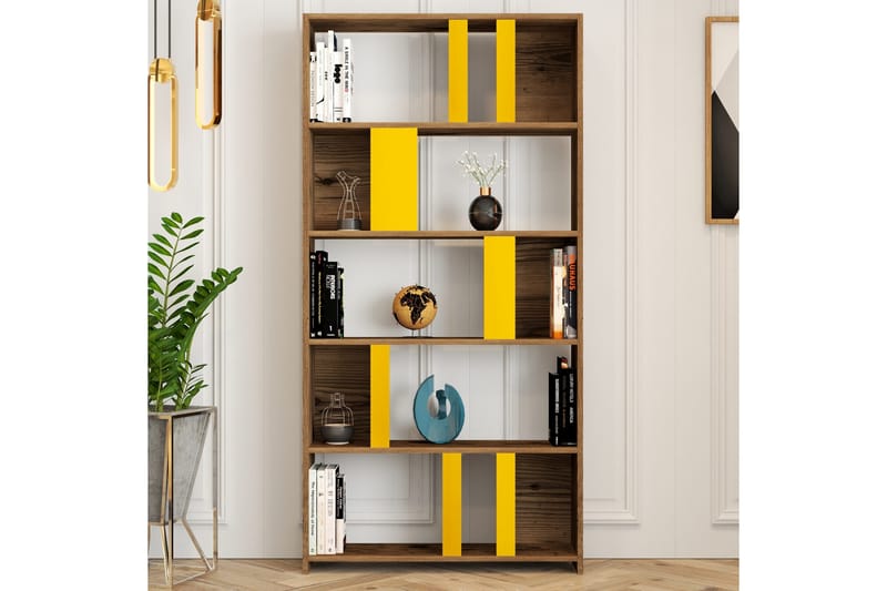 Timiza Bokhylla 90x20 cm 5 Hyllor - Mörkbrun/Gul - Förvaring - Hyllor - Bokhylla