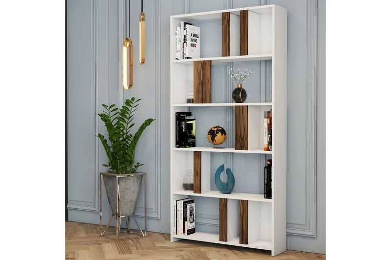 Timiza Bokhylla 90x20 cm 5 Hyllor - Vit/Mörkbrun - Förvaring - Hyllor - Bokhylla