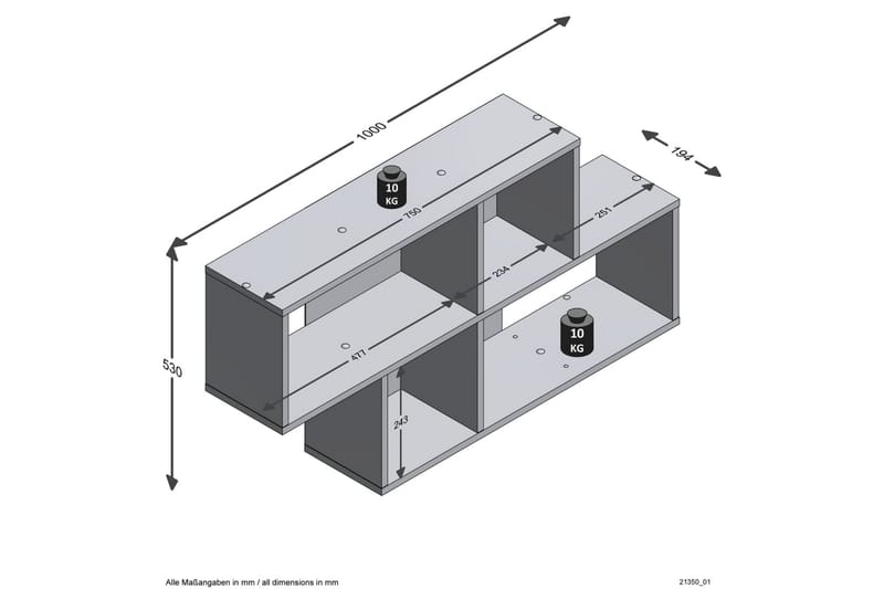 FMD Väggmonterad hylla med 4 fack ek och vit högglans - Brun - Vägghylla - Kökshylla