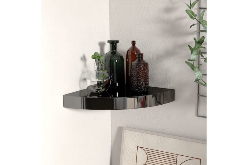 Svävande hörnhylla svart högglans 25x25x3,8 cm MDF - Svart - Förvaring - Hyllor - Hörnhylla