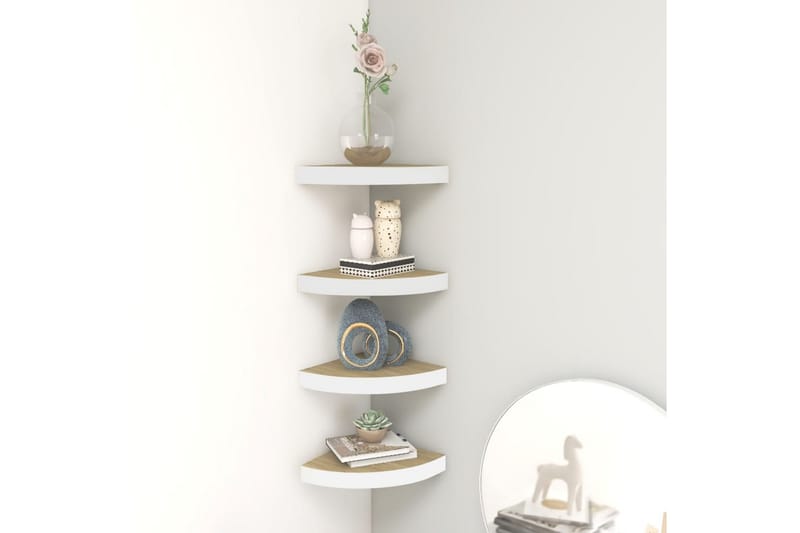 Svävande hörnhyllor 4 st ek och vit 25x25x3,8 cm MDF - Brun - Förvaring - Hyllor - Hörnhylla