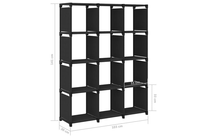 Hylla med 12 kuber 103x30x141 cm tyg - Svart - Hyllsystem