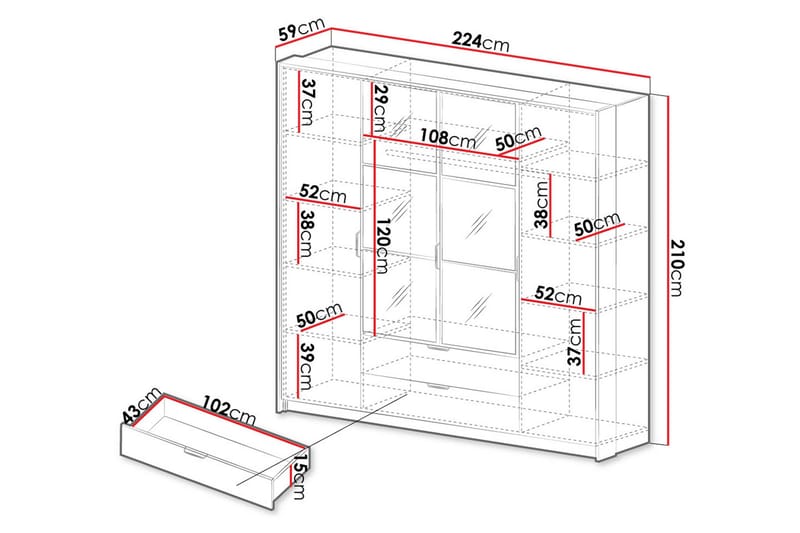 Coralina Garderob m. Spegel 224x210 cm - Brun/Svart - Förvaring - Sko- & klädförvaring - Garderober & garderobssystem
