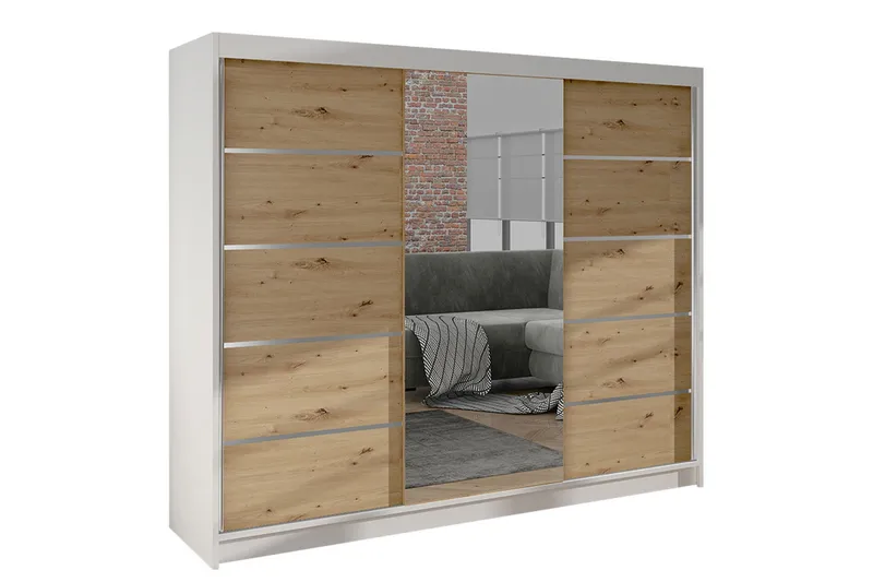 Cyria Garderob med rymlig Förvaring och Skjutdörrar med Spegel 200x215 cm - Brun/Vit - Förvaring - Sko- & klädförvaring - Garderober & garderobssystem