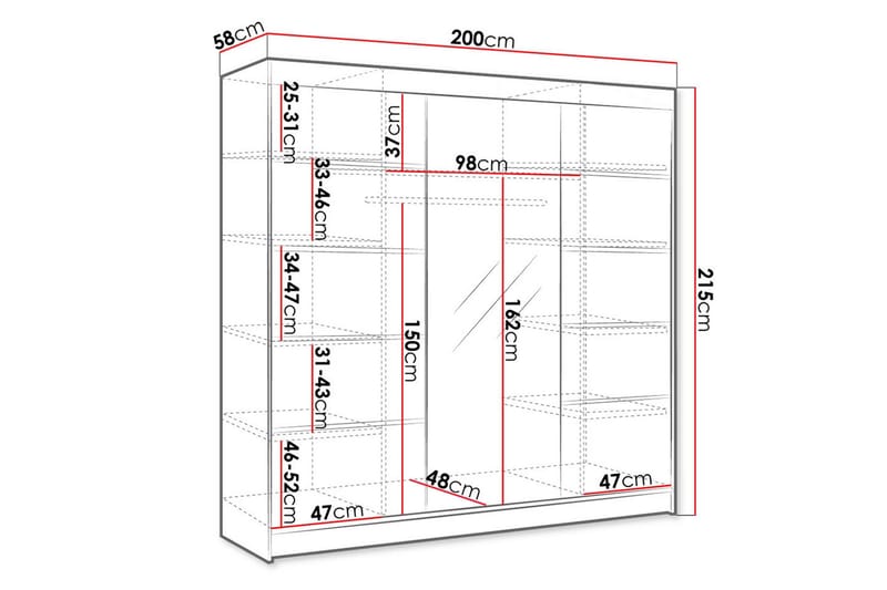 Cyria Garderob med rymlig Förvaring och Skjutdörrar med Spegel 200x215 cm - Brun/Vit - Förvaring - Sko- & klädförvaring - Garderober & garderobssystem