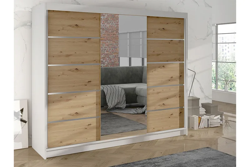 Cyria Garderob med rymlig Förvaring och Skjutdörrar med Spegel 200x215 cm - Brun/Vit - Förvaring - Sko- & klädförvaring - Garderober & garderobssystem