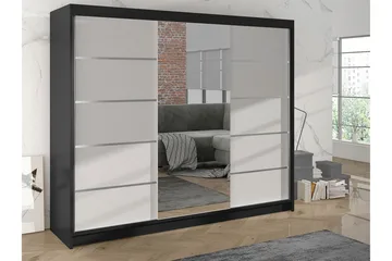 Cyria Garderob med rymlig Förvaring och Skjutdörrar med Spegel 200x215 cm - Vit/Svart - Förvaring - Sko- & klädförvaring - Garderober & garderobssystem