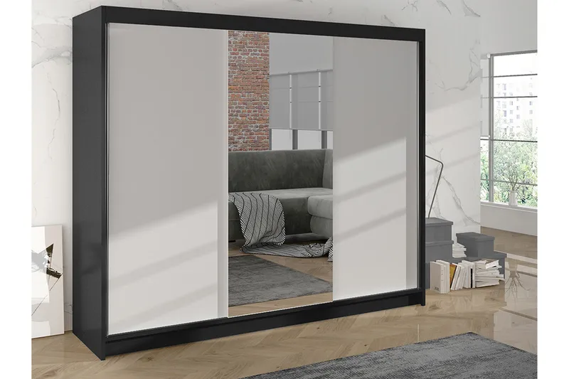 Cyria Garderob med Spegel 200x215 cm - Vit/Svart - Förvaring - Sko- & klädförvaring - Garderober & garderobssystem