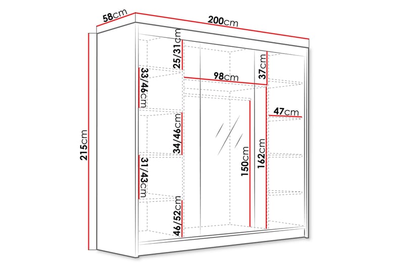 Dianna Garderob med Spegel 200x215 cm Vit/Svart - Förvaring - Sko- & klädförvaring - Garderober & garderobssystem