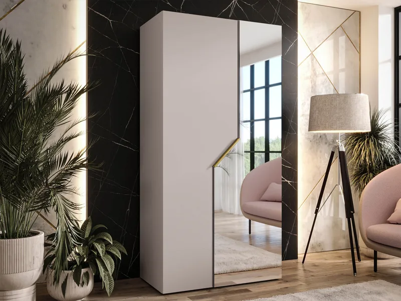 Eikra Garderob med spegel 100 cm - Cashmere med guldaccent, svarta detaljer och spegeldörr - Förvaring - Sko- & klädförvaring - Garderober & garderobssystem