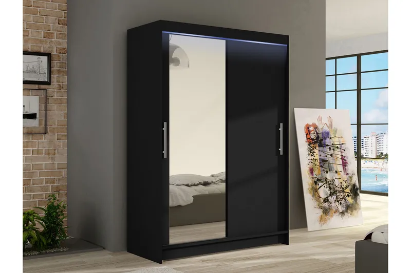 Estella Garderob med Spegel 120x200 cm - Svart - Förvaring - Sko- & klädförvaring - Garderober & garderobssystem
