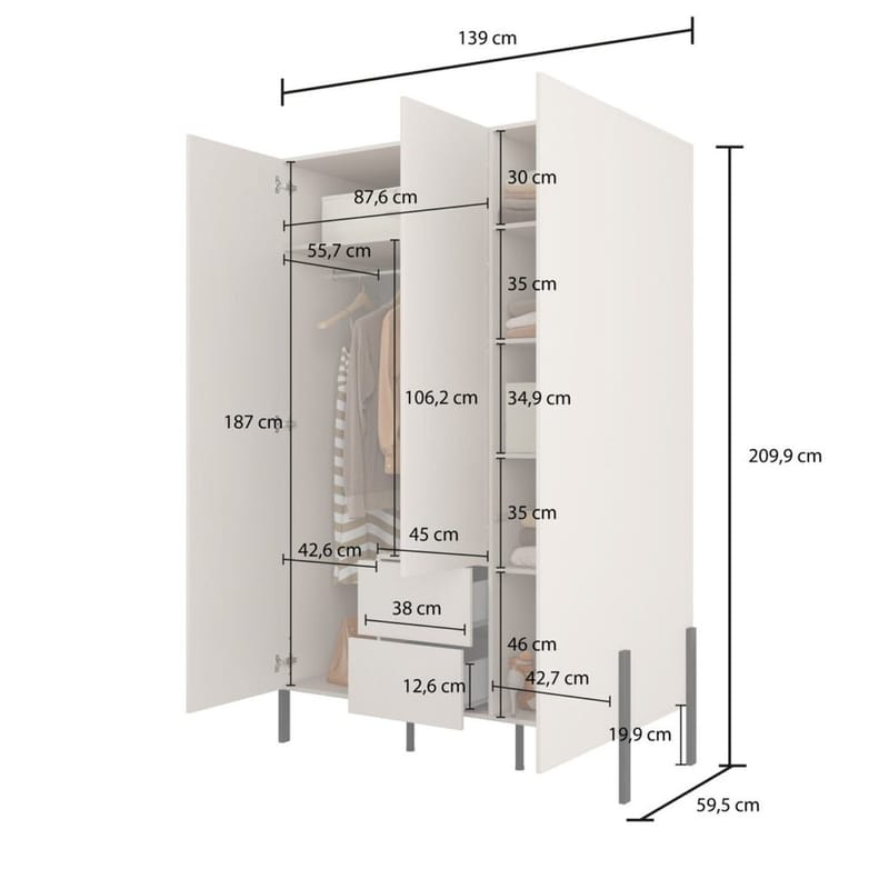 Garderob Jukon S 3 Dörrar med 2 Lådor - Förvaring - Sko- & klädförvaring - Garderober & garderobssystem
