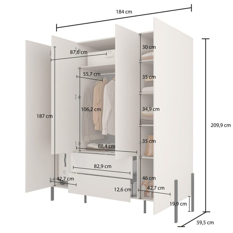 Garderob Jukon S 4 Dörrar med 2 Lådor - Förvaring - Sko- & klädförvaring - Garderober & garderobssystem