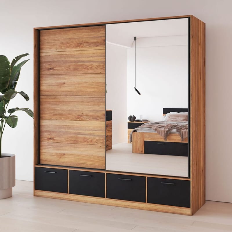 Garderob med spegel Beta 2 skjutdörr med 4 lådor - Förvaring - Sko- & klädförvaring - Garderober & garderobssystem