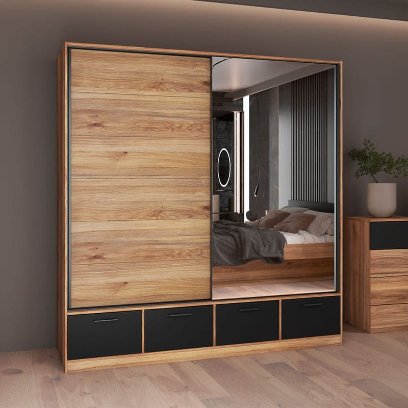 Garderob med spegel Beta 2 skjutdörr med 4 lådor - Förvaring - Sko- & klädförvaring - Garderober & garderobssystem