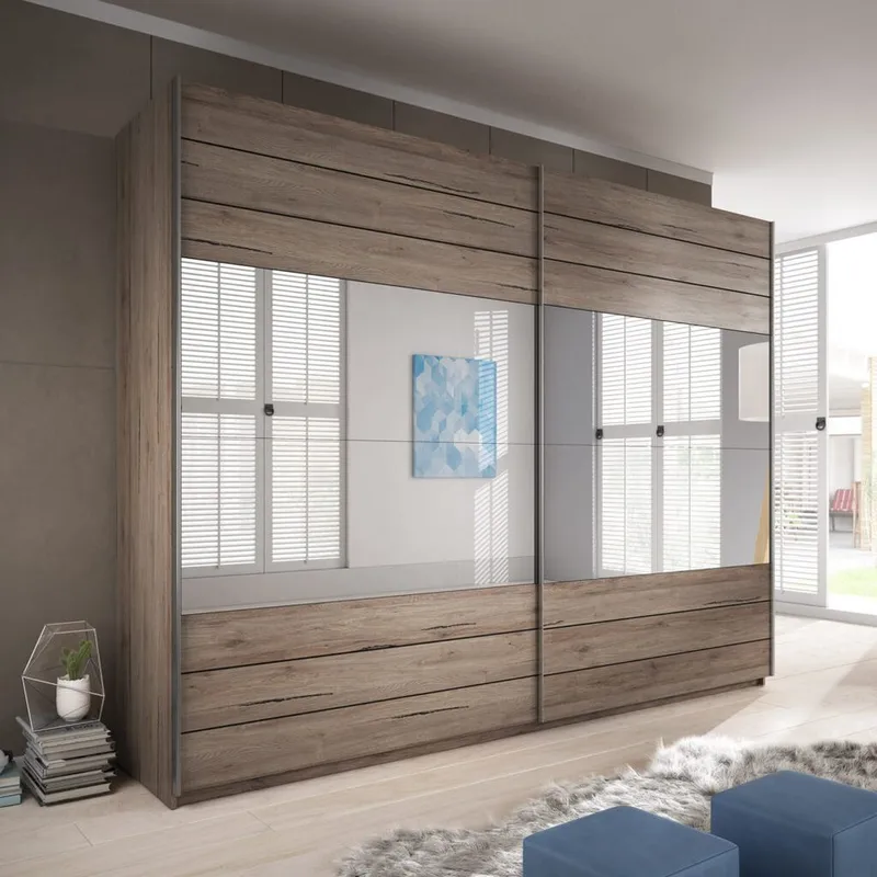 Garderob med spegel Galaxy 2 Skjutdörrar med Svart Glas - Mörk San Remo Ek, 270 cm - Förvaring - Sko- & klädförvaring - Garderober & garderobssystem