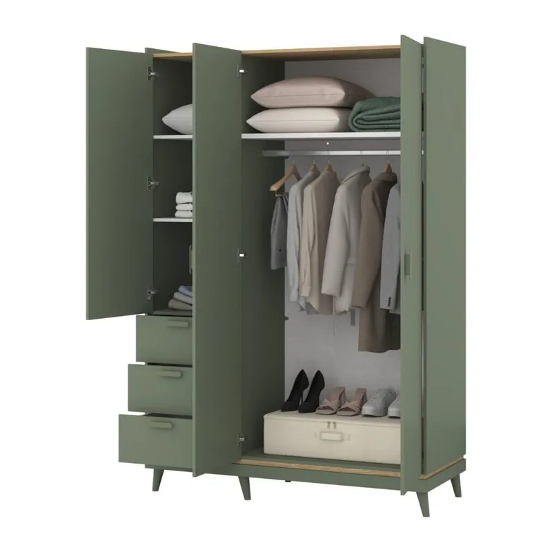 Garderob Scandi 3 dörrar med 3 lådor - Dämpad grön - Oljad ek - Förvaring - Sko- & klädförvaring - Garderober & garderobssystem