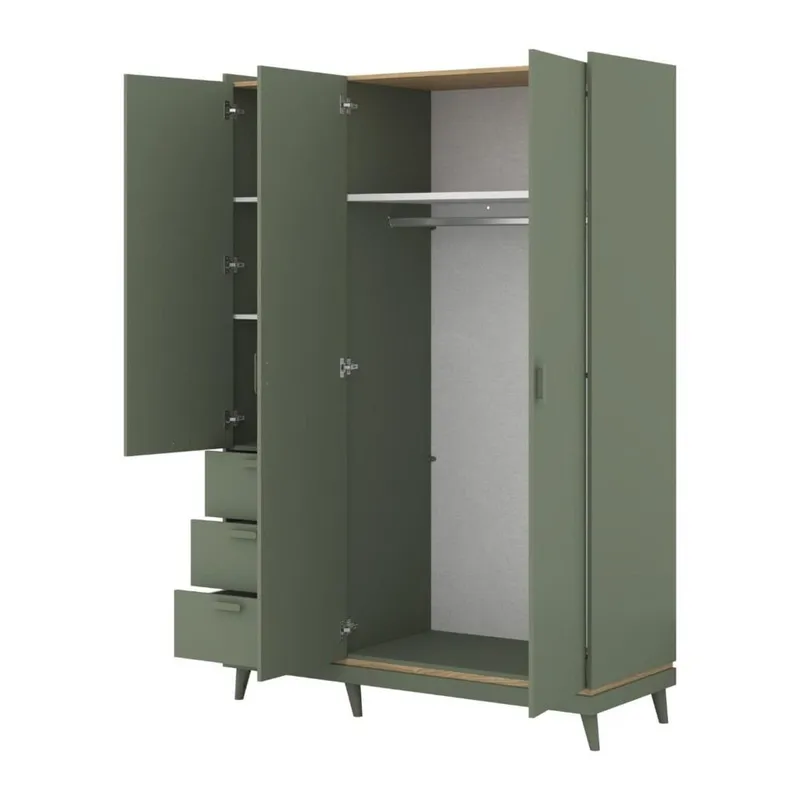 Garderob Scandi 3 dörrar med 3 lådor - Dämpad grön - Oljad ek - Förvaring - Sko- & klädförvaring - Garderober & garderobssystem