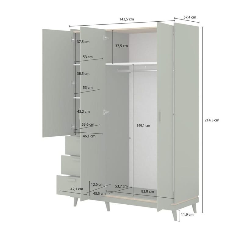 Garderob Scandi 3 dörrar med 3 lådor - Dämpad grön - Oljad ek - Förvaring - Sko- & klädförvaring - Garderober & garderobssystem