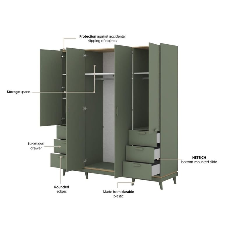 Garderob Skandi 4 Dörrar med 6 Lådor - Dämpad Grön - Oljad Ek - Förvaring - Sko- & klädförvaring - Garderober & garderobssystem