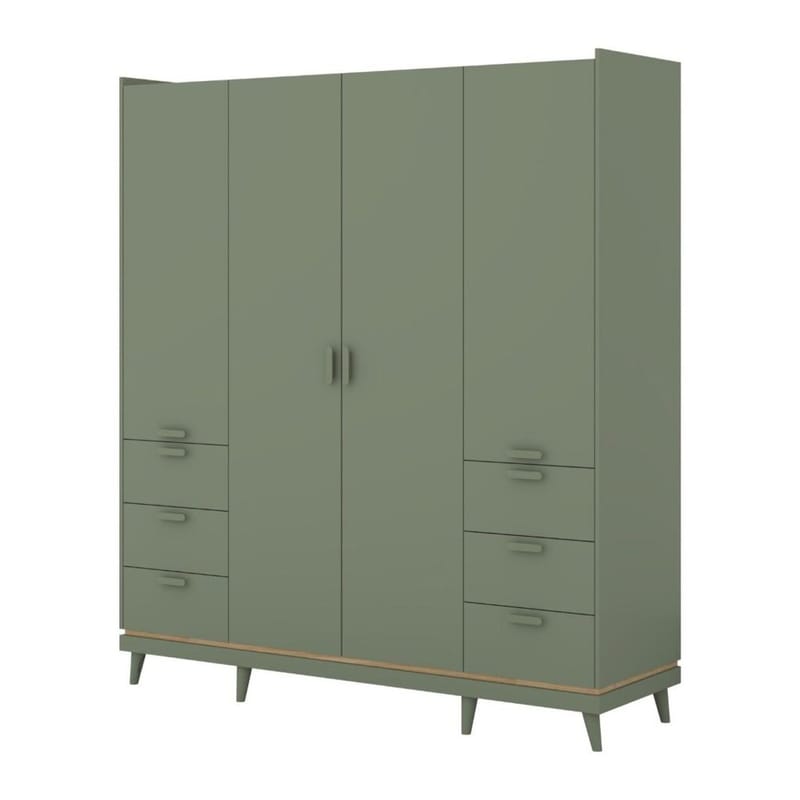 Garderob Skandi 4 Dörrar med 6 Lådor, Dämpad Grön - Oljad Ek