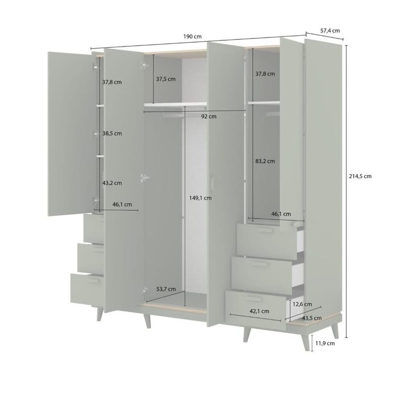 Garderob Skandi 4 Dörrar med 6 Lådor - Dämpad Grön - Oljad Ek - Förvaring - Sko- & klädförvaring - Garderober & garderobssystem