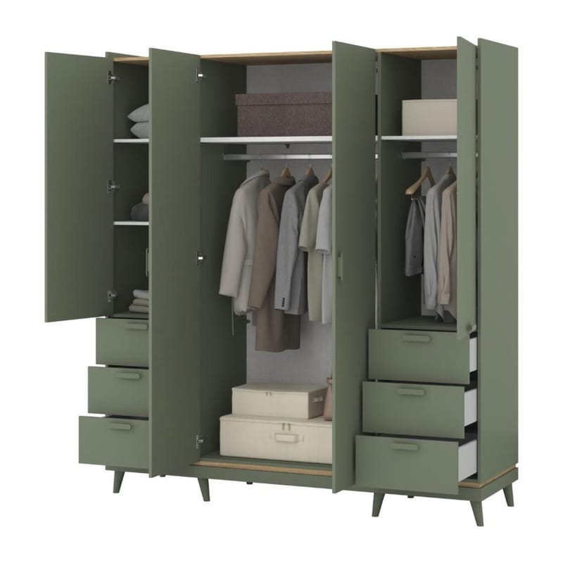 Garderob Skandi 4 Dörrar med 6 Lådor - Dämpad Grön - Oljad Ek - Förvaring - Sko- & klädförvaring - Garderober & garderobssystem