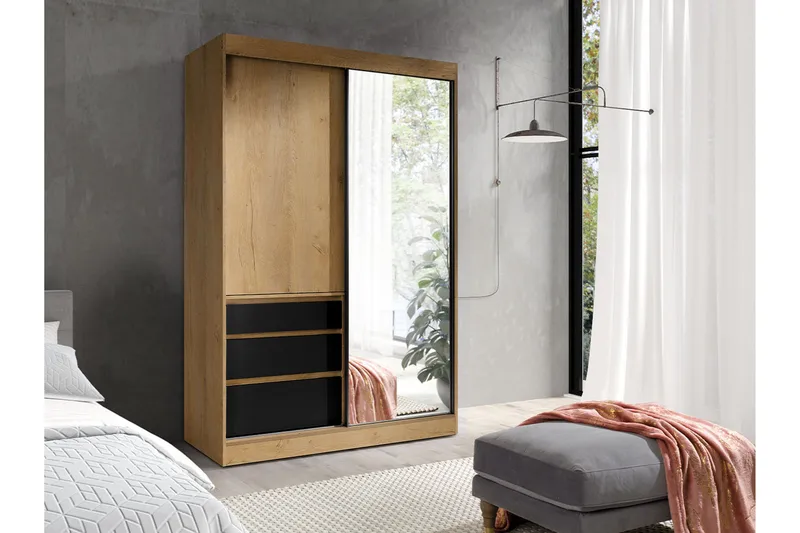 Abricot Garderob med Spegel 140x216x65 cm - Svart - Förvaring - Sko- & klädförvaring - Garderober & garderobssystem