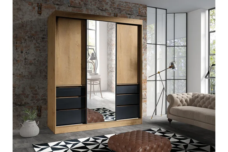 Abricot Garderob med Spegel 180x216x65 cm - Svart - Förvaring - Sko- & klädförvaring - Garderober & garderobssystem