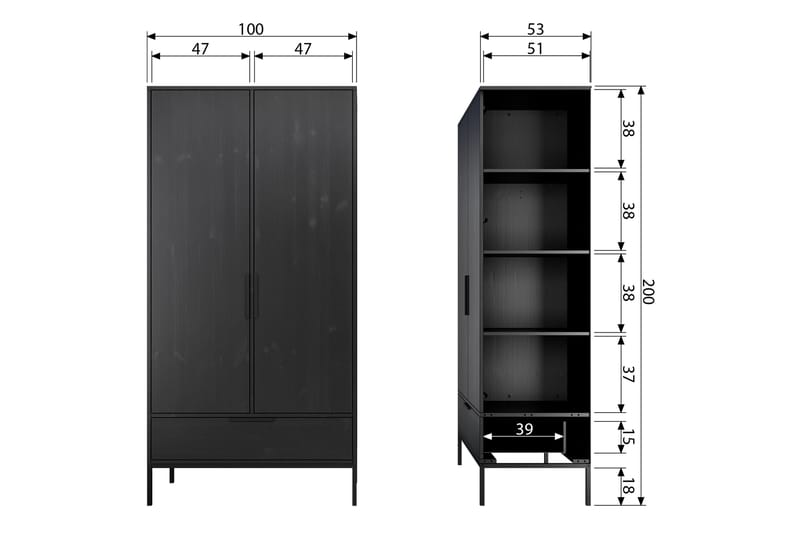 ALMORA Garderob 180 Svart - Svart - Garderober & garderobssystem