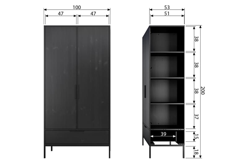 ALMORA Garderob 180 Svart - Svart - Garderober & garderobssystem