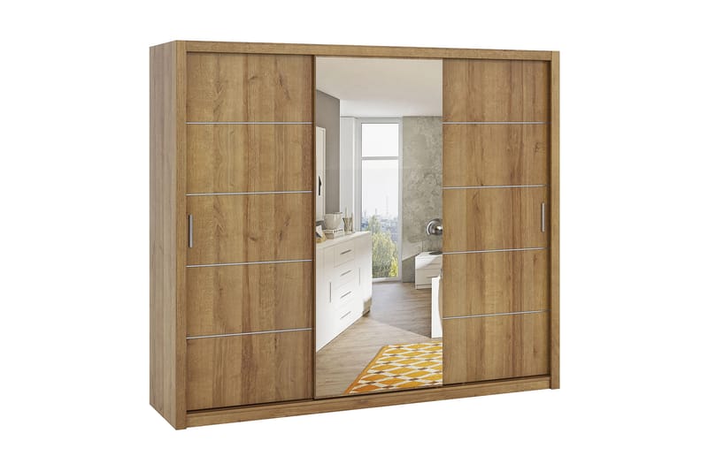 BRASEL Garderob 250 cm med Spegel Gyllen Natur - Garderober & garderobssystem
