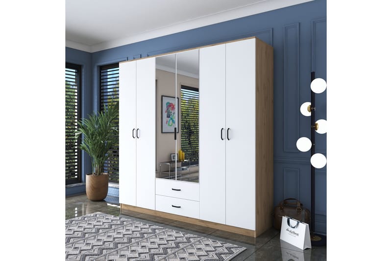 Caturai Garderob med Spegel, Valnöt/Vit