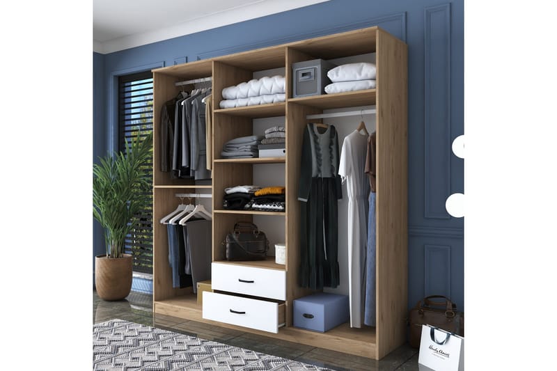 Caturai Garderob med Spegel - Valnöt/Vit - Förvaring - Sko- & klädförvaring - Garderober & garderobssystem