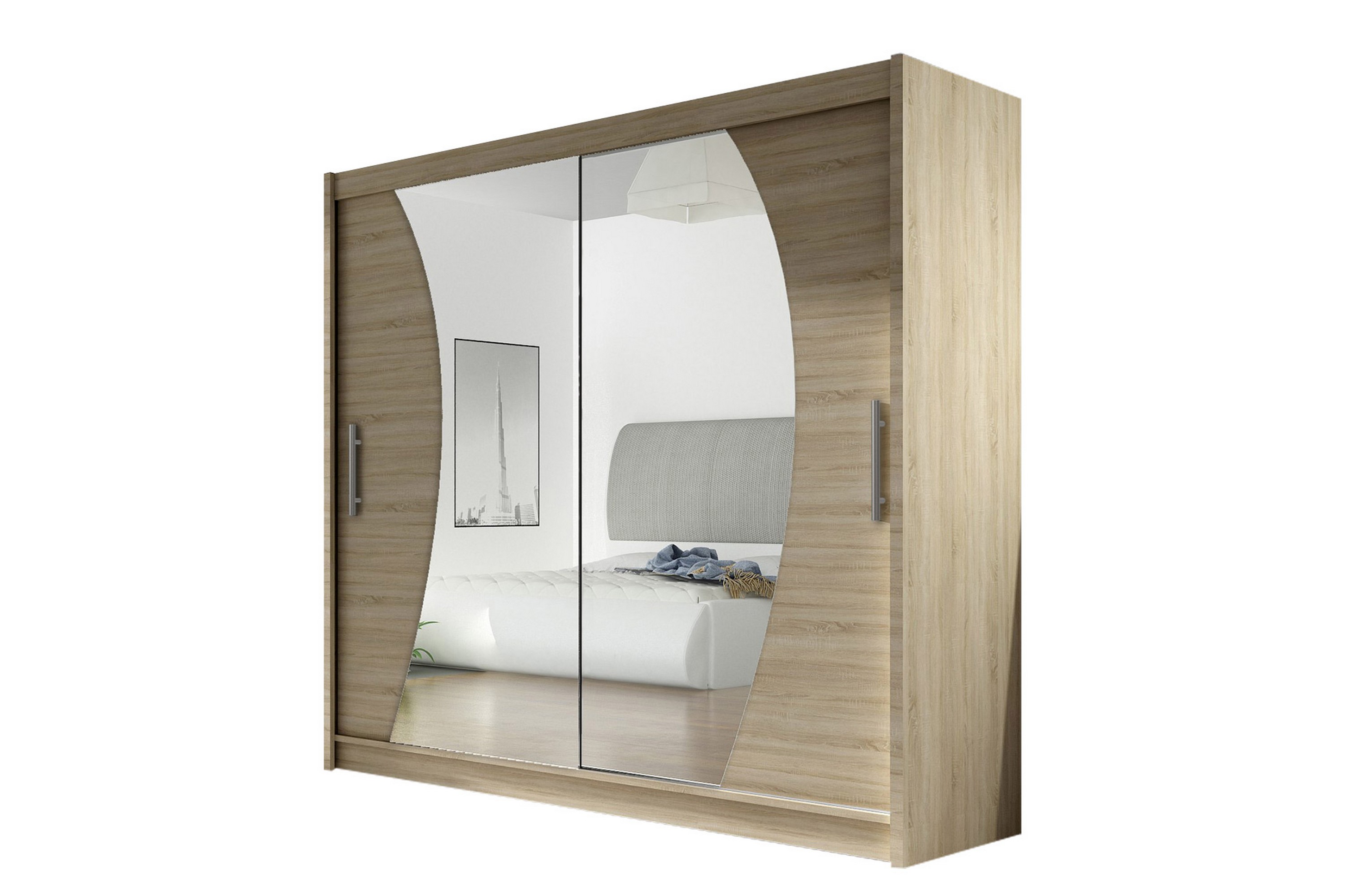 emilio garderob skjutdörrar böjd spegel ek - beige/trä/natur