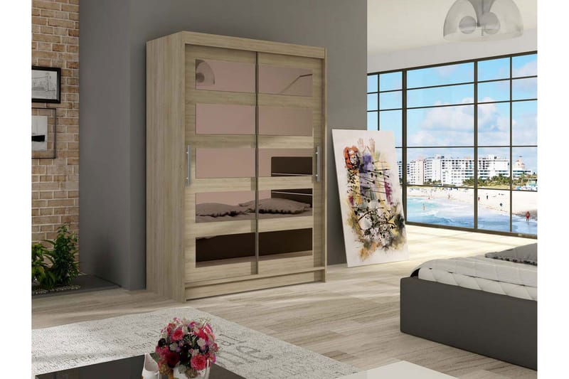 Estella Garderob 120 cm Skjutdörrar Delad Spegel - Ek - Förvaring - Sko- & klädförvaring - Garderober & garderobssystem