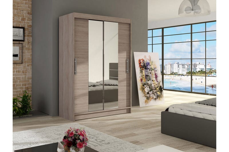 Estella Garderob 120 cm Skjutdörrar Smal Spegel - Ek/Tryffel/Spegel - Förvaring - Sko- & klädförvaring - Garderober & garderobssystem