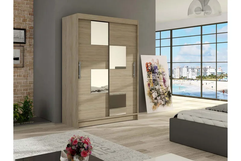 Estella Garderob Skjutdörrar Fyrkantig Spegel - Ek - Förvaring - Sko- & klädförvaring - Garderober & garderobssystem