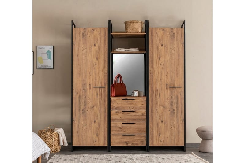 KNIGH Garderob 52x64 med Spegel 4 Skåp Natur - Förvaring - Sko- & klädförvaring - Garderober & garderobssystem