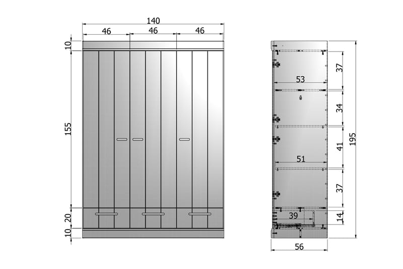 KOTONE Garderob 140 3 Dörrar 3 Lådor Vit Tall - Förvaring - Sko- & klädförvaring - Garderober & garderobssystem