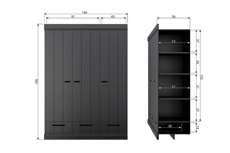 KOTONE Garderob 140x53 cm 3 Dörrer Furu/Svart - Förvaring - Sko- & klädförvaring - Garderober & garderobssystem