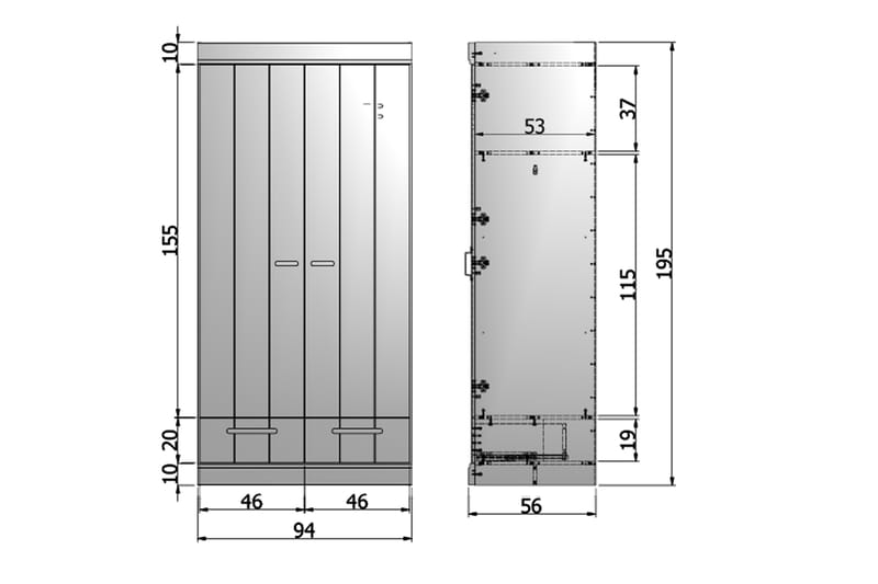 KOTONE Garderob 94 2 Dörrar 2 Lådor Grå Tall - Förvaring - Sko- & klädförvaring - Garderober & garderobssystem